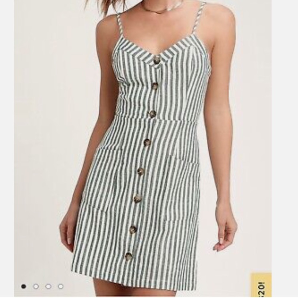 Lulu’s On the Pier Green/Ivory Striped Button Front Mini Dress Size S